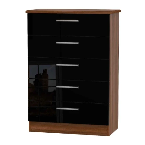 KNI012-BG-NW - Knightsbridge - Chest of 5 Drawers - Black Gloss Front and Noche Walnut Base