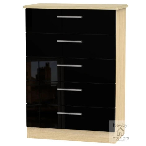 KNI012-BG-OK - Knightsbridge - Chest of 5 Drawers - Black Gloss Front and Oak Base