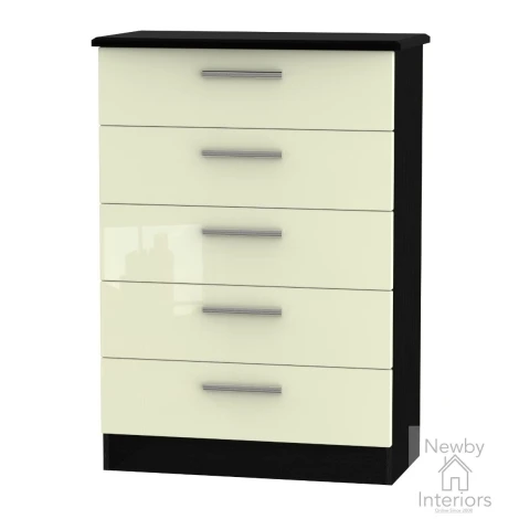 KNI012-CG-BM - Knightsbridge - Chest of 5 Drawers - Cream Gloss Front and Black Matt Base