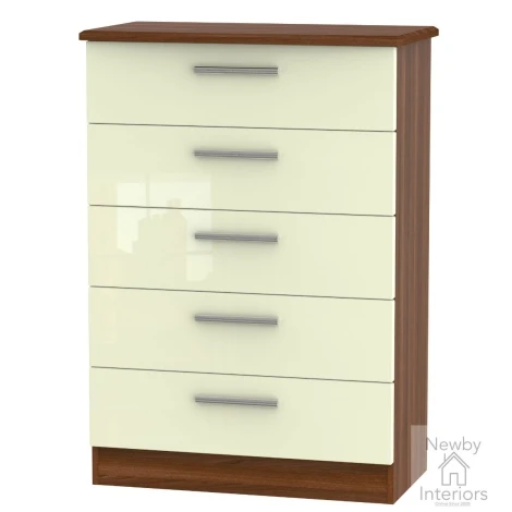 KNI012CN - Knightsbridge - Chest of 5 Drawers - Cream Gloss Front and Noche Walnut Base