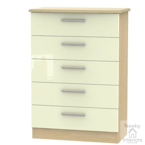KNI012CO - Knightsbridge - Chest of 5 Drawers - Cream Gloss Front and Oak Base