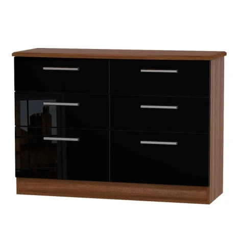 KNI015-BG-NW - Knightsbridge - Midi Chest of 6 Drawers - Black Gloss Front and Noche Walnut Base