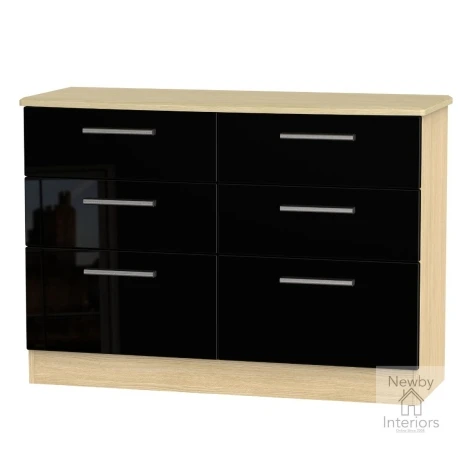 KNI015-BG-OK - Knightsbridge - Midi Chest of 6 Drawers - Black Gloss Front and Oak Base