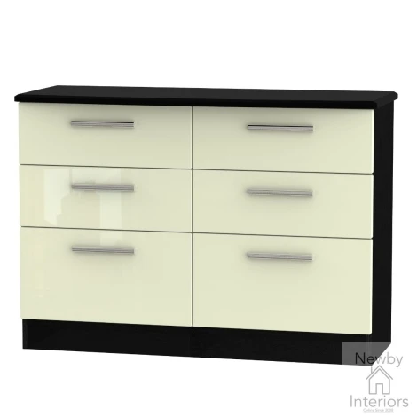 KNI015-CG-BM - Knightsbridge - Midi Chest of 6 Drawers - Cream Gloss Front and Black Matt Base