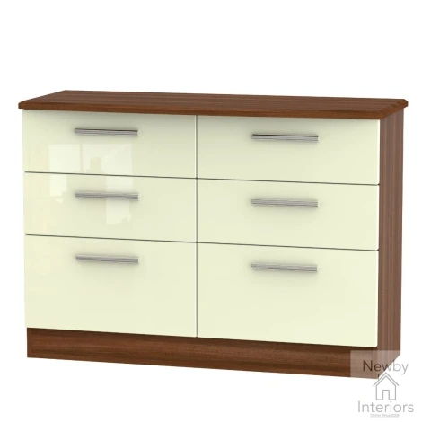KNI015-CG-NW - Knightsbridge - Midi Chest of 6 Drawers - Cream Gloss Front and Noche Walnut Base