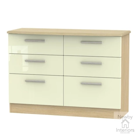 KNI015-CG-OK - Knightsbridge - Midi Chest of 6 Drawers - Cream Gloss Front and Oak Base