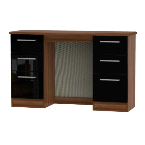 KNI030-BG-NW - Knightsbridge - Kneehole Double Pedestal Dressing Table / Vanity Table / Desk - Black Gloss Front and Noche Walnut Base
