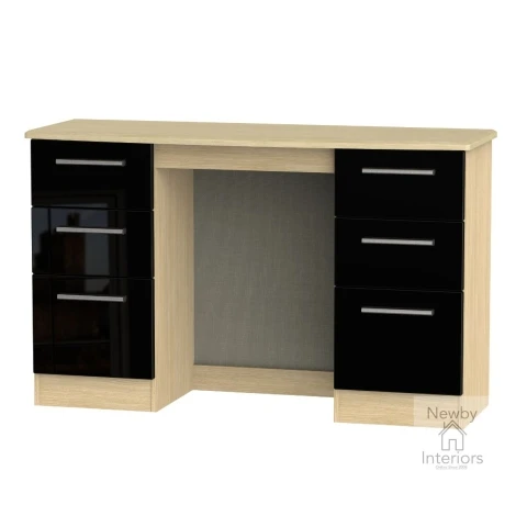 KNI030-BG-OK - Knightsbridge - Kneehole Double Pedestal Dressing Table / Vanity Table / Desk - Black Gloss Front and Oak Base