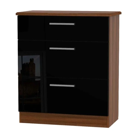 KNI049-BG-NW - Knightsbridge Black Gloss & Noche Walnut 3 Drawer Deep Chest