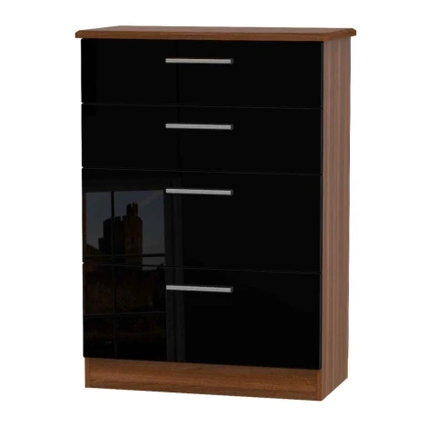KNI050BN - Knightsbridge Black Gloss & Noche Walnut 4 Deep Drawer Chest