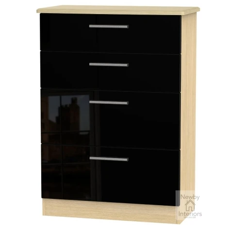KNI050-BG-OK - Knightsbridge Black Gloss & Oak 4 Deep Drawer Chest