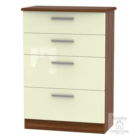 KNI050-CG-NW - Knightsbridge Cream Gloss & Noche Walnut 4 Deep Drawer Chest