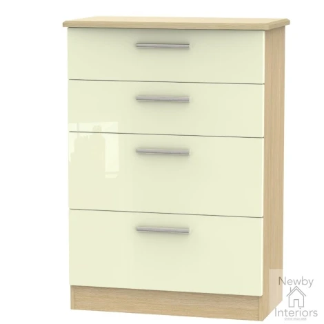 KNI050-CG-OK - Knightsbridge Cream Gloss Front and Oak 4 Deep Drawer Chest