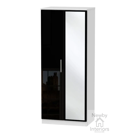 KNI057-BG-BW - Knightsbridge Black Gloss & White 2 Door Double Mirror Wardrobe
