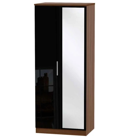 KNI057-BG-NW - Knightsbridge Black Gloss & Noche Walnut 2 Door Double Mirror Wardrobe