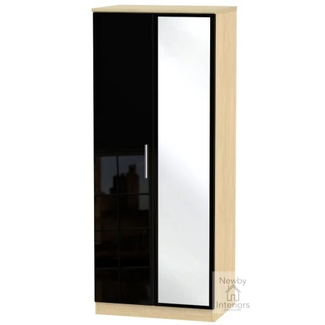 KNI057-BG-OK - Knightsbridge Black Gloss & Oak 2 Door Double Mirror Wardrobe