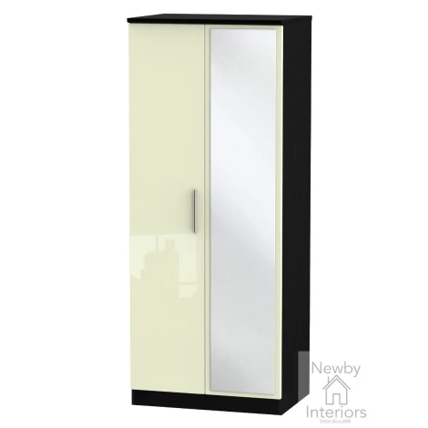 KNI057-CG-BM - Knightsbridge Cream Gloss & Black Matt 2 Door Double Mirror Wardrobe