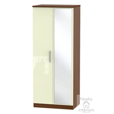 KNI057-CG-NW - Knightsbridge Cream Gloss & Noche Walnut 2 Door Double Mirror Wardrobe