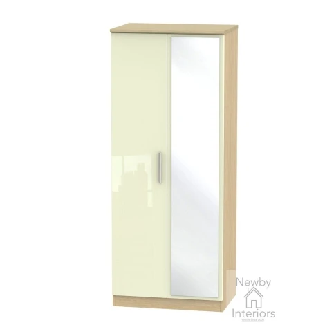KNI057-CG-OK - Knightsbridge Cream Gloss & Oak 2 Door Double Mirror Wardrobe