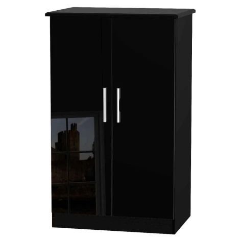 KNI058-BG-BM - Knightsbridge Black Gloss 2 Door Double Plain Midi Wardrobe