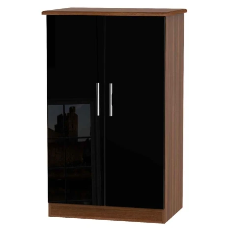 KNI058-BG-NW - Knightsbridge Black Gloss & Noche Walnut 2 Door Double Plain Midi Wardrobe