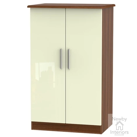 KNI058-CG-NW - Knightsbridge Cream Gloss & Noche Walnut 2 Door Double Plain Midi Wardrobe