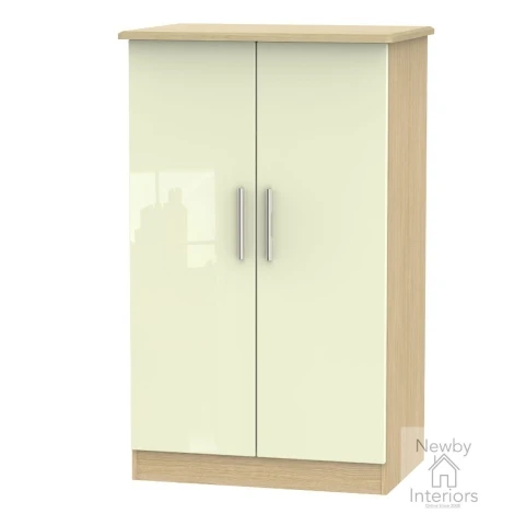 KNI058-CG-OK - Knightsbridge Cream Gloss & Oak 2 Door Double Plain Midi Wardrobe