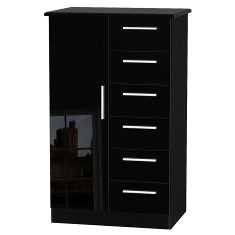 KNI059-BG-BM - Knightsbridge Black Gloss 1 Door 6 Drawer Kids Wardrobe