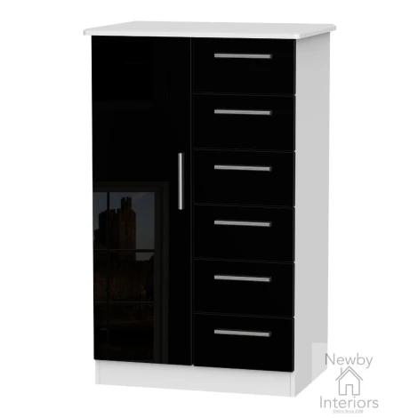 KNI059-BG-BW - Knightsbridge Black Gloss & White 1 Door 6 Drawer Kids Wardrobe