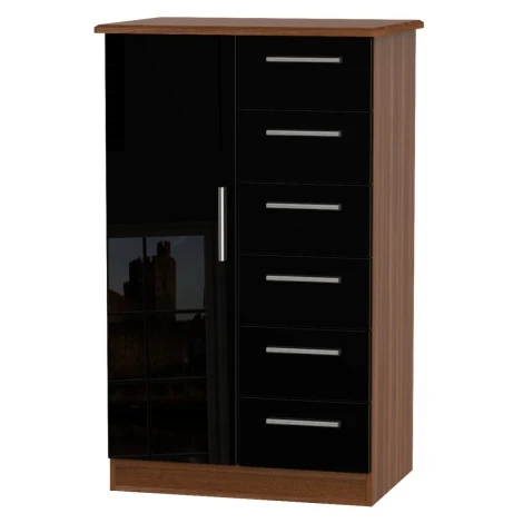 KNI059-BG-NW - Knightsbridge Black Gloss & Noche Walnut 1 Door 6 Drawer Kids Wardrobe