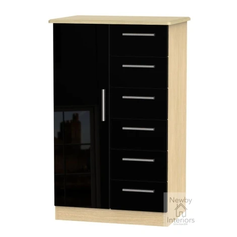 KNI059-BG-OK - Knightsbridge Black Gloss & Oak 1 Door 6 Drawer Kids Wardrobe