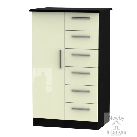KNI059-CG-BM - Knightsbridge Cream Gloss & Black Matt 1 Door 6 Drawer Kids Wardrobe
