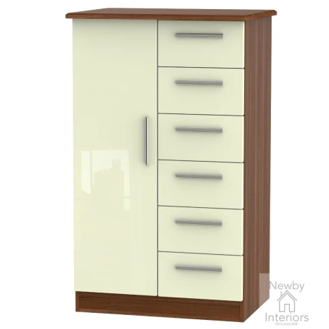 KNI059-CG-NW - Knightsbridge Cream Gloss & Noche Walnut 1 Door 6 Drawer Kids Wardrobe
