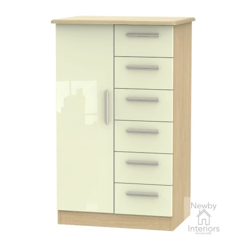 KNI059-CG-OK - Knightsbridge Cream Gloss & Oak 1 Door 6 Drawer Kids Wardrobe