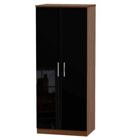 KNI060-BG-NW - Knightsbridge Black Gloss & Noche Walnut 2 Door Double Plain Wardrobe