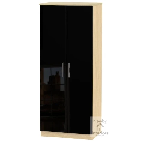 KNI060-BG-OK - Knightsbridge Black Gloss & Oak 2 Door Double Plain Wardrobe