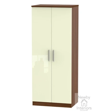 KNI060-CG-NW - Knightsbridge Cream Gloss & Noche Walnut 2 Door Double Plain Wardrobe