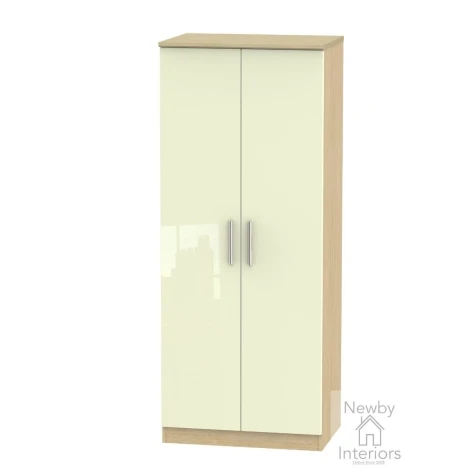 KNI060-CG-OK - Knightsbridge Cream Gloss & Oak 2 Door Double Plain Wardrobe
