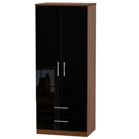 KNI061-BG-NW - Knightsbridge Black Gloss & Noche Walnut 2 Door 2 Drawer Double Wardrobe