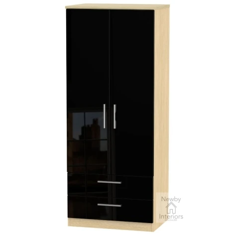 KNI061-BG-OK - Knightsbridge Black Gloss & Oak 2 Door 2 Drawer Double Wardrobe