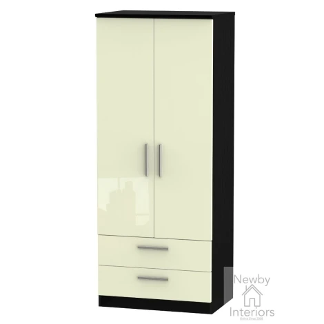 KNI061-CG-BM - Knightsbridge Cream Gloss & Black Matt 2 Door 2 Drawer Double Wardrobe