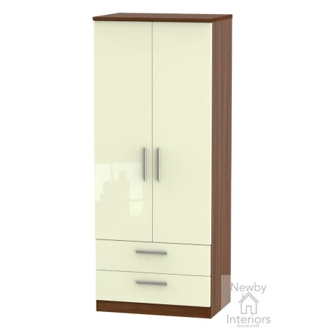 KNI061-CG-NW - Knightsbridge Cream Gloss & Noche Walnut 2 Door 2 Drawer Double Wardrobe