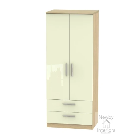 KNI061-CG-OK - Knightsbridge Cream Gloss & Oak 2 Door 2 Drawer Double Wardrobe
