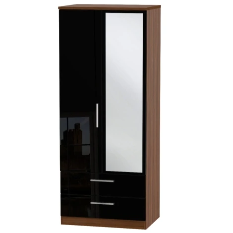 KNI062-BG-NW - Knightsbridge Black Gloss & Noche Walnut 2 Door 2 Drawer Double Mirrored Wardrobe