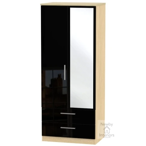 KNI062-BG-OK - Knightsbridge Black Gloss & Oak 2 Door 2 Drawer Double Mirrored Wardrobe
