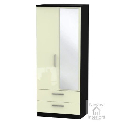KNI062-CG-BM - Knightsbridge Cream Gloss & Black Matt 2 Door 2 Drawer Double Mirrored Wardrobe