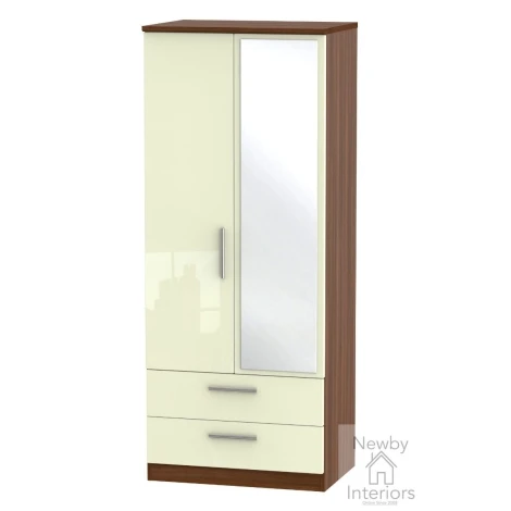 KNI062-CG-NW - Knightsbridge Cream Gloss & Noche Walnut 2 Door 2 Drawer Double Mirrored Wardrobe