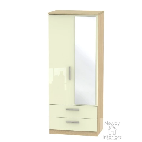 KNI062-CG-OK - Knightsbridge Cream Gloss & Oak 2 Door 2 Drawer Double Mirrored Wardrobe