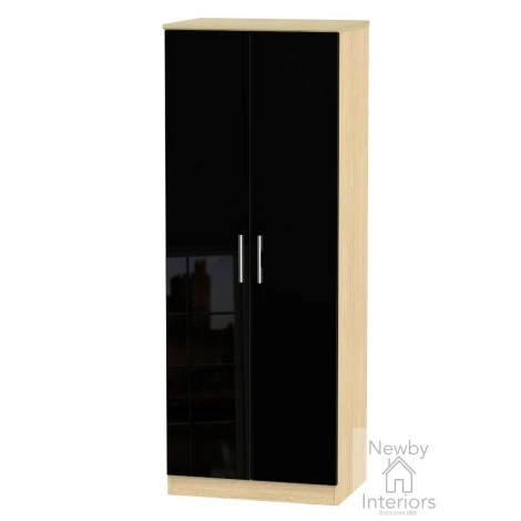 KNI080-BG-OK - Knightsbridge Black Gloss & Oak 2 Door Double Tall Plain Wardrobe