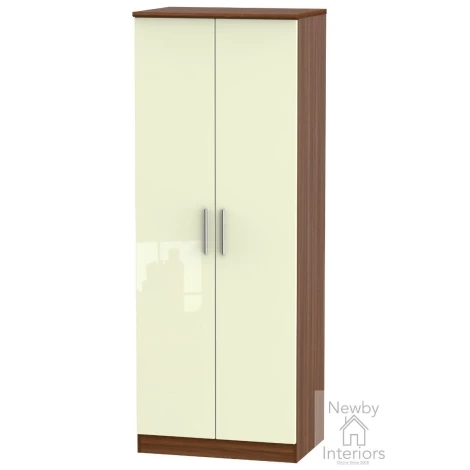 KNI080-CG-NW - Knightsbridge Cream Gloss & Noche Walnut 2 Door Double Tall Plain Wardrobe